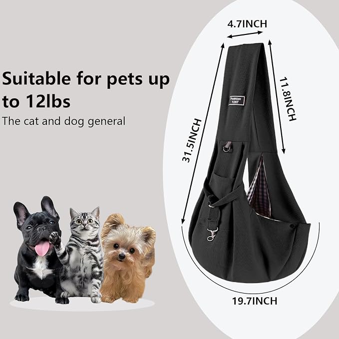 Dog Sling Carrier Soft Breathable for Small Dogs Cats 3-12 lb Black | Cat sling & dog carrier sling with safety tether, organizer pocket, soft fabric. Perfect for travel, hiking,outdoor