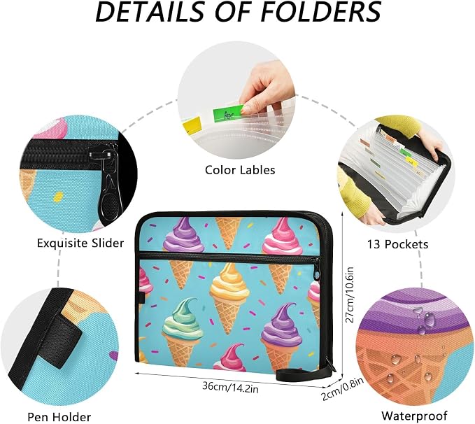 Ice Cream File Organizer 13 Pocket Expanding File Folder with Front Pouch Portable Business Fire Storage Document Organizer Folder with Zipper