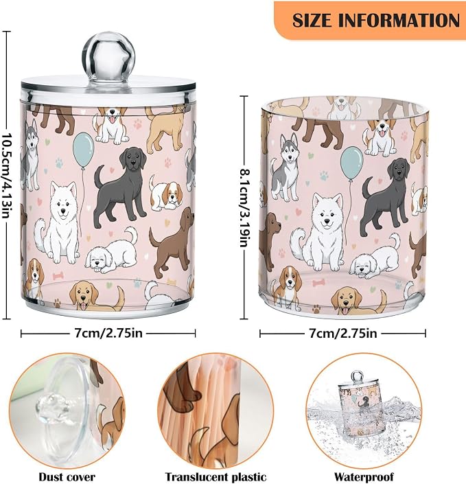 2 Pack Plastic Cotton Swab Ball Pad Holder Cute Pets Dogs Pink Print Jars Bathroom Storage Organizer Holder Canisters with Lid for Cotton Ball Swab Cotton Rounds Hair Clips
