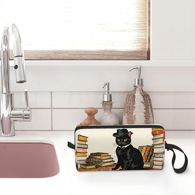 Sophisticated Black Cat Makeup Bag for Women with Wrist Strap | Durable 600D Oxford Fabric Cosmetic Organizer,Compact Travel Pouch with Handle for Gym & Daily Use