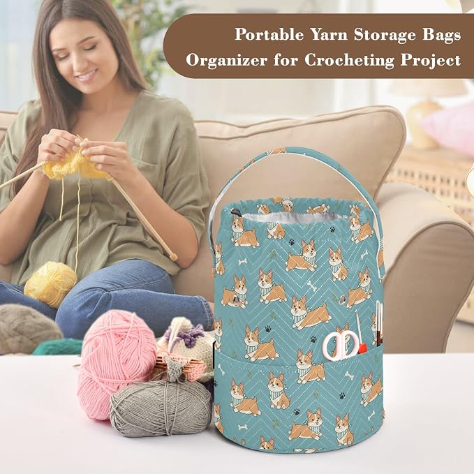 Cute Dogs Pets Blue Crochet Bag Organizer Portable Yarn Storage Yarn Holder with Drawstring Closure Crochet Accessories Knitting Bag for Knitting Kit Supplies Travel