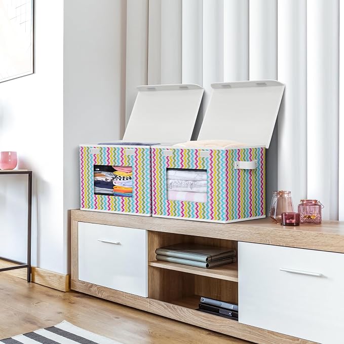 Univivi Fabric Foldable Storage Boxes with Lids, 4 Pack, Colorful | 17 x 12 x 12 In Large Stackable Storage Bins with Lids, Closet Organizers and Storage Cube Basket for Home, Office, Bedroom