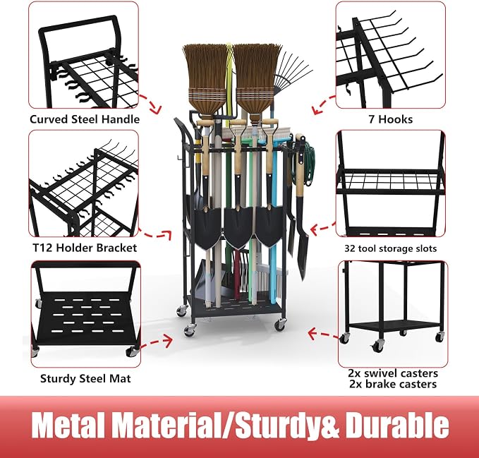 Faesun Garden Tool Organizer with Wheels, Rolling Yard Tool Rack with 14 Hooks & 5 Slots, 3-Tier Metal Cart Holds 50+ Rakes/Shovels/Brooms, Mobile Lawn Storage for Garage Shed Outdoor