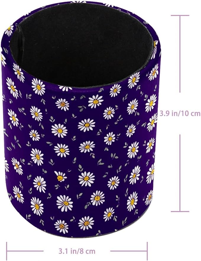 Faux Leather Pen Holder for Desk, Pencil Organizer Daisy Pen Cup Desk Decor Makeup Brush Holder Storage for Office Home