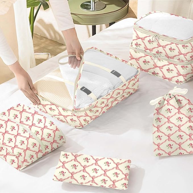 KPX 8 Set Packing Cubes for Travel, Luggage Packing Organizers Accessories Large Toiletries Bag for Clothes Shoes Cosmetics (8Set-Flower & Bow)