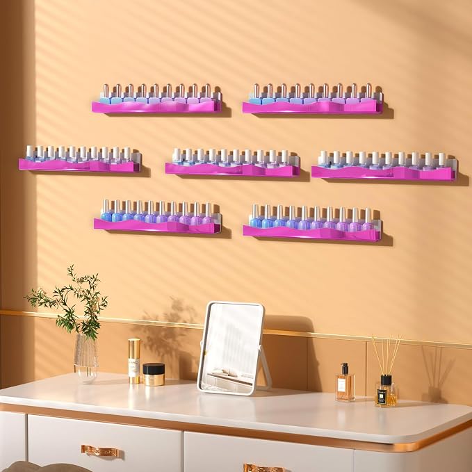 Wall-Mounted Nail Polish Organizer Rack - 15 Inch Pink Mirror Finish Nail Polish Shelf, Makeup & Beauty Essentials Storage - Multi-Purpose Display Holder for Small Space, Vanity Bathroom, 6 Pack