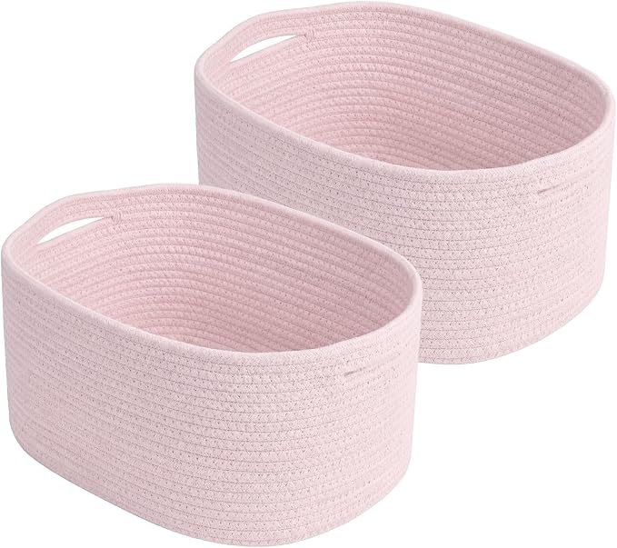 ECDYQXVU 15x10x9 Inch Woven Cotton Rope Storage Basket, 2 Pack | Foldable Design, Built-in Handles, Space-saving Organizer for Living Room, Bedroom, Laundry, Shelves, Clothes, Towels