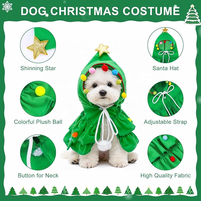 BEAUTYZOO 2 Pack Dog Christmas Costume with Santa Hat for Small Dogs Cats, Dog Christmas Outfit, Cute Pet Xmas Tree Costume Clothes, Puppy Xmas Hoodie Cloak, Cat Holiday Cosplay Dress, Green
