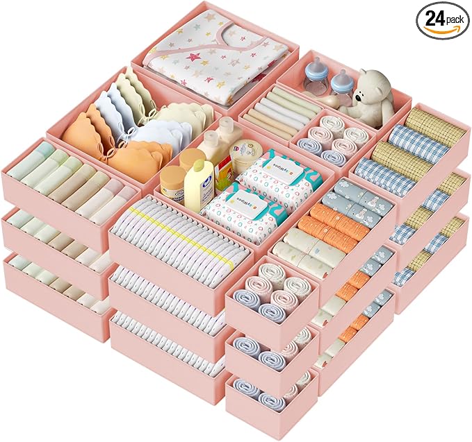 DIMJ Drawer Organizer Clothes Storage - 24 Pack Baby Dresser Organizer for Nursery, Foldable Closet Drawer Organizer Bins for Bedroom Organization, Fabric Storage Dividers for Socks, Underwears, Bras