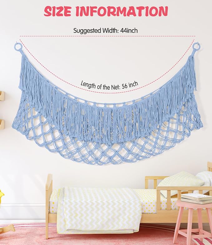 Stuffed Animal Hammock - Extra Large 56'' Long (Light blue) | Premium Cotton Hand-knitted, Beautiful Long Tassel, Storage Hanging Organizer, Can Fit Stuffed Animals 30 Piece or More