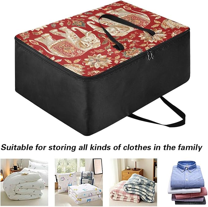 Comforter Storage Bags Large Folding Blanket Organizer Bag with Strong Handles Clear Window Closet Storage Containers for Clothes King Queen Pillows Bedding Quilt Duvet Red Elephants Florals Or