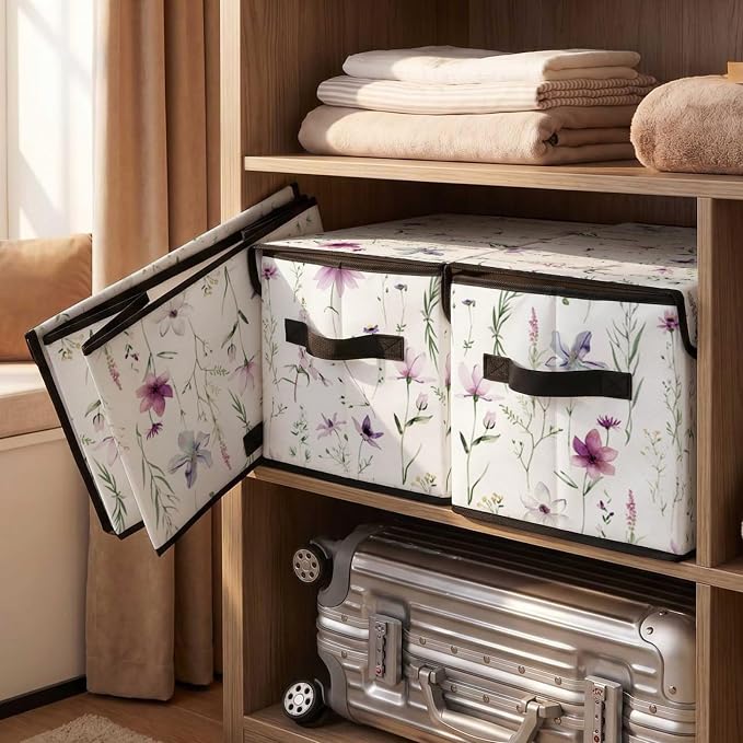 Stackable Storage Bins with Lids,Closet Organizers Fabric Box for Home and Office,Blanket Clothes Organizers,Under Bed Storage Containers 3 Pack