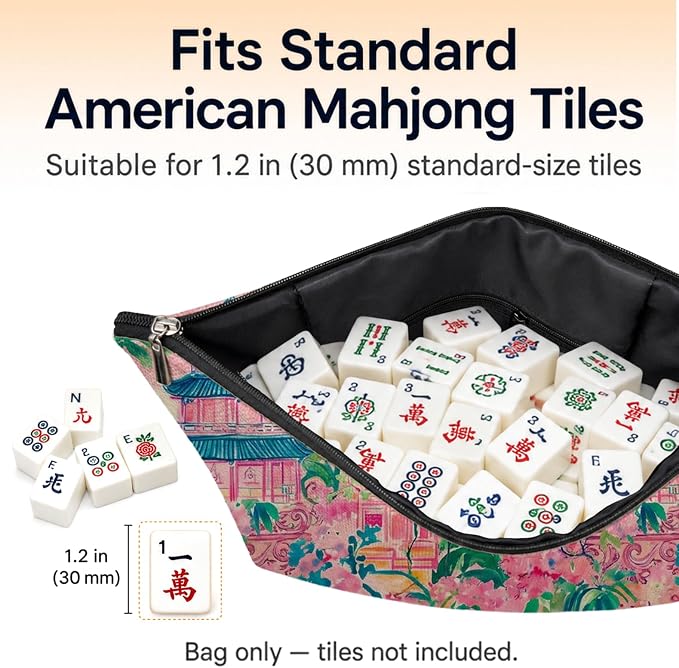 Pink Blue Chinoiserie Pagoda Empty Mahjong Tile Bag 13x7.8 Inch | Green Tropical Printed Portable Travel Case Organizer Zipper Pouch for American Mahjong Tiles Game Night Accessories andGifts