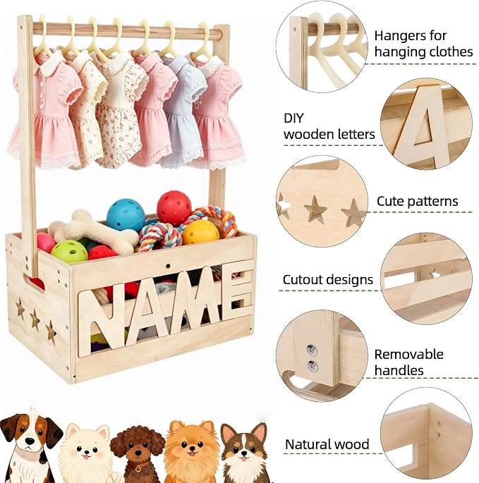 13.5"x9.5"x20.1" Wooden Pet Wardrobe Closet with Hangers, Personalized Alphabet Letters & Sticker, Easy Assembly Crate for Dog/Cat Closet, Dog Closet Organizer for Toys Clothes and Accessories