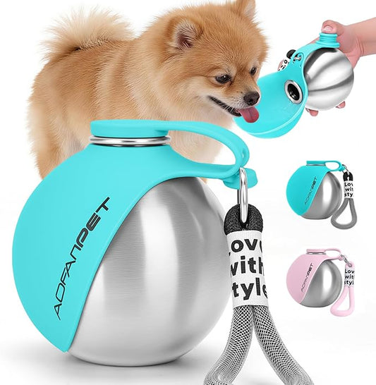 Portable Dog Water Bottle 10oz Stainless Steel Travel Dog Water Dispenser with Bowl No-Spill Puppy Water Bottle for Walking Hiking Small Dog Water Bottle