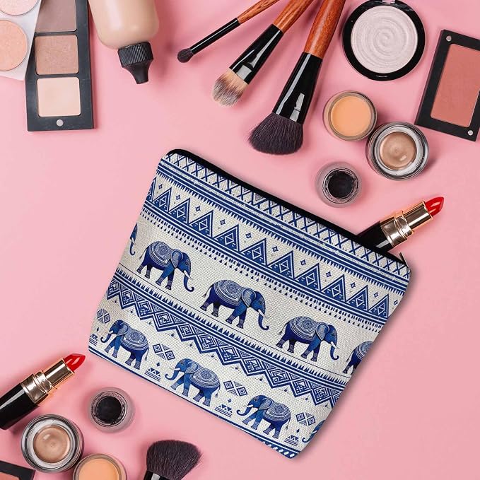 Elephant Cosmetic Bags For Women, Ethnic Geometric Elephant Roomy Makeup Bag Toiletry Bag Accessories Organizer Storage Bags Makeup Pouch For Travel Business Gym Camping Bathroom, Blue