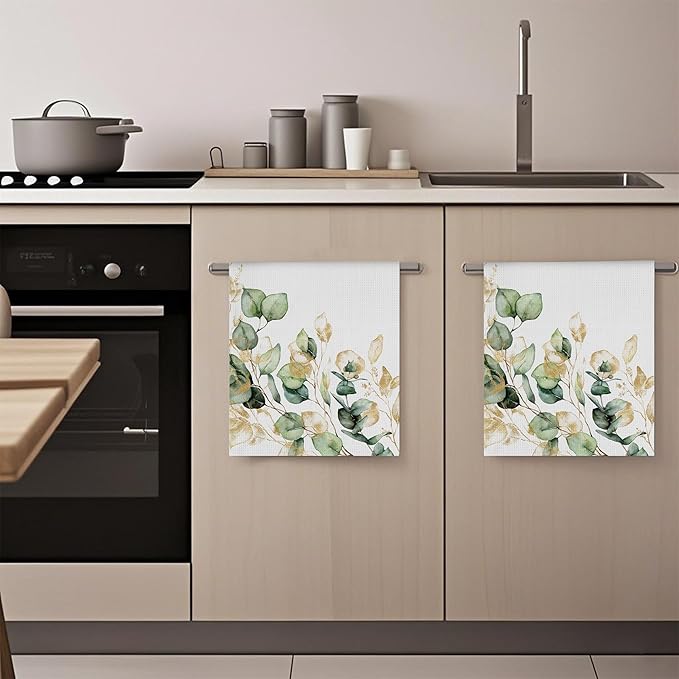 Watercolor Gold Eucalyptus Sage Hand Towels,Set of 2 Absorbent Bath Towel Kitchen Dish Towel Home Gym Hotel Bathroom Decor,16x24 Inches