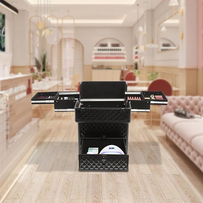 Rolling Makeup Train Case with Drawers, Portable Rolling Makeup Cart with Wheels, Black Cosmetology Storage Cart with 6 Compartments for Makeup Artists, Hairdressers, Pet Groomers