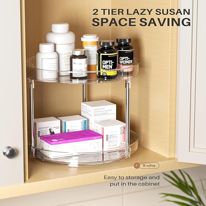 2 Pack 2 Tier Lazy Susan Turntable Organizer, Clear Rotating Lazy Susan | 360 Degree Rotating Spice Rack for Cabinet, Makeup and Perfume Organizer for Vanity, Counter Organizer Tray for Bathroom