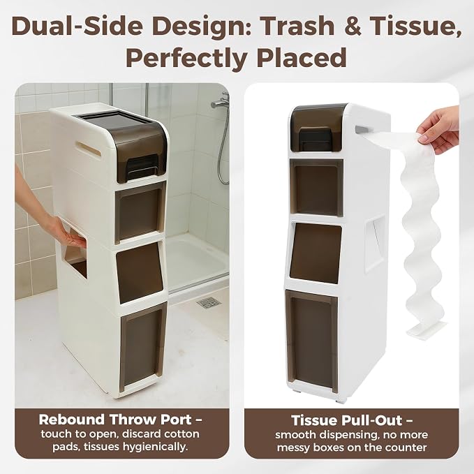Slim Bathroom Storage Cabinet with Trash Can, Narrow Movable Waterproof Bathroom Floor Cabinet with Toilet Paper Holder for Bathrooms Toilet (15.1 * 6.9 * 31.5in)