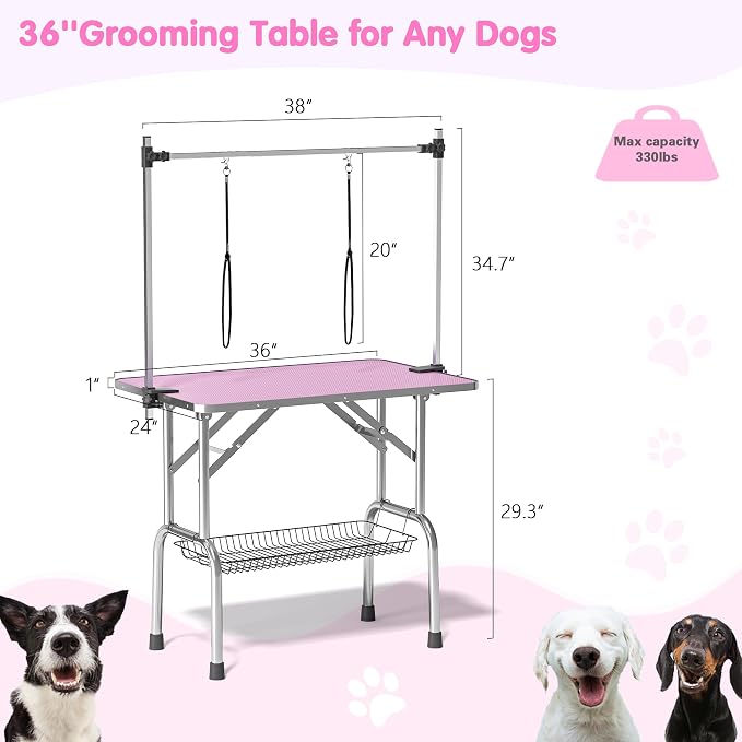 36'' Stainless Steel Pet Dog Grooming Table, Arm/Noose/Tray, Pink | Foldable Dog Grooming Table for Dogs at Home, Adjustable Height Arm, Non-Slip Waterproof Tabletop, Capacity 330Lb