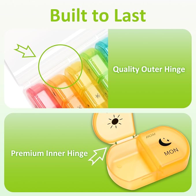 Fullicon Large Medicine Pill Organizer 2 Times a Day, AM PM 7 Day Travel | Each Compartment Holds 6 Fish Oils or 10 Vitamins, One Finger Open Lid, Double Secure Lock, Sturdy Hinges, Clear Rainbow