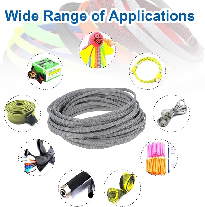 Heyiarbeit 10m/32.8ft PET Expandable Braid Cable Sleeving Flexible Wire Mesh Sleeve Grey 4mm