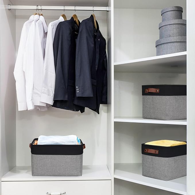 Bagnizer Storage Bins Large Fabric Storage Baskets for Shelves 3 Pack, Decorative Linen Closet Baskets with Handles for Organizing, Shelf, Clothes, Home, Office, 15x11x9.5Inches (Grey&Black)
