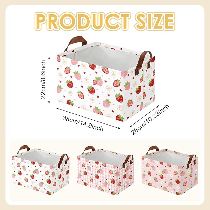 Britimes Strawberry Storage Baskets for Gifts, Toy Storage Bins Box, 3 Pcs | Cute Strawberry Canvas Collapsible Baskets Organizer with Handles Pink Nursery Decor Laundry Basket for Shelves Closet