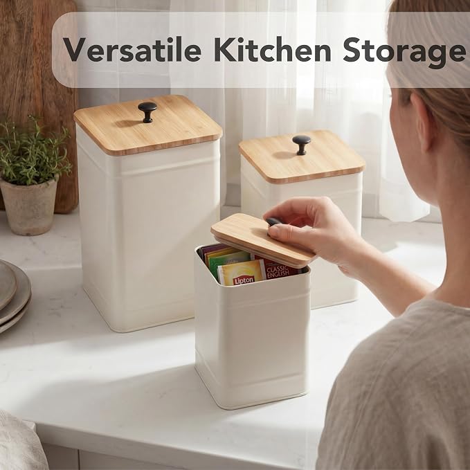 PERFNIQUE Kitchen Canisters for Countertop Set of 3, Airtight Canisters Sets for the Kitchen Counter with Lid, Metal Farmhouse Food Storage Containers Jars for Flour Sugar Coffee Tea Spice (White)