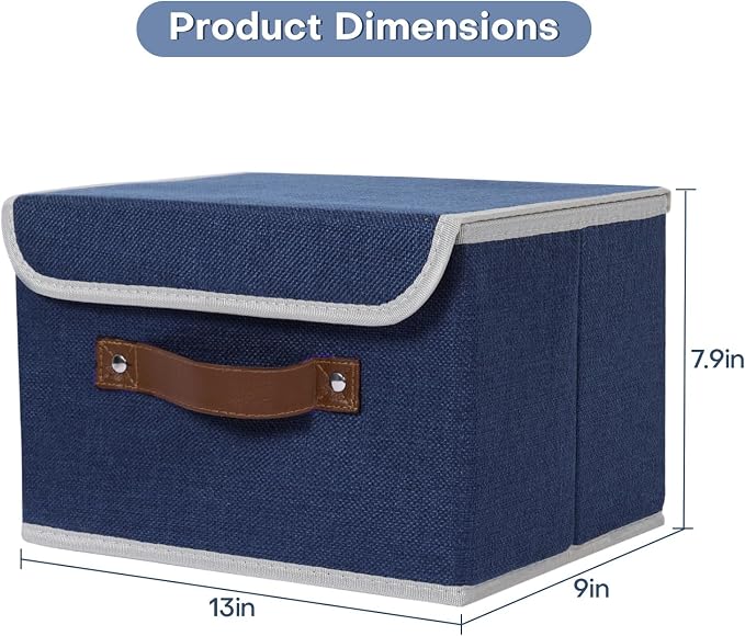 ANMINY Fabric Storage Box Bins with Lids, Blue, 13"x9"x7.9" | Keepsake Memory Storage, Cotton Linen, PP Board Reinforced, Washable, PU Handles, Foldable & Stackable, Decorative, Medium