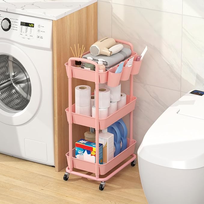 3-Tier Plastic Rolling Storage Cart Utility Cart Pink | Utility Cart with Extra Hanging Cups Arc-Shaped Handles Lockable Wheels for Living Room Bathroom Kitchen Office