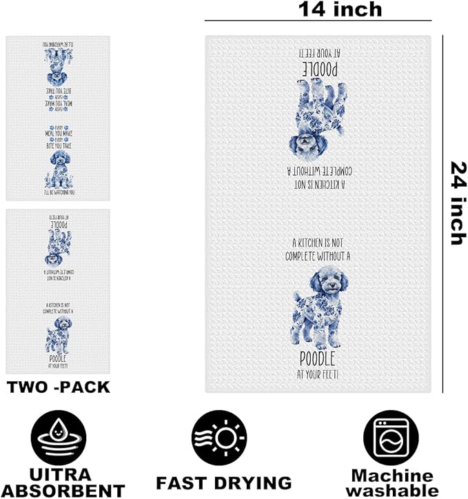Hanamiya Na 2 Pcs Chinoiserie Poodle Kitchen Towels 24x14 Inch, Poodle Gifts Reusable Dish Towels for Kitchen Decor, Blue and White Floral Waffle Weave Hand Towel, Funny Dog Gifts for Women Mom