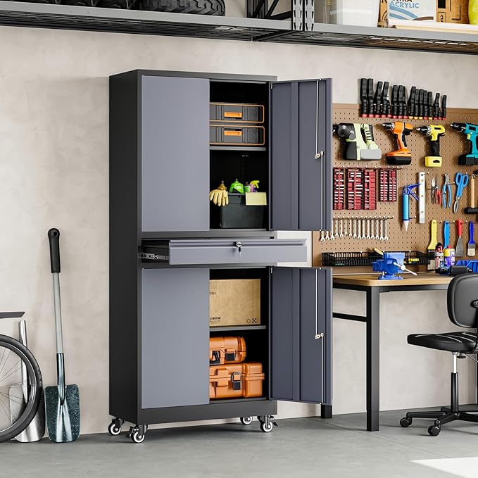 Metal Garage Storage Cabinet with Locking Doors and Adjustable Shelves, -73" Steel Rolling Tool Storage Cabinet with 4 Wheels and 1 Drawer for Garage,Office,Warehouse