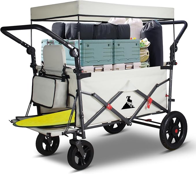 Foldable Wagon with Canopy - Collapsible Utility Cart with 2 Seats & Belts, Adjustable Handle, Expandable Front for Camping, Picnic, Shopping (Beige)