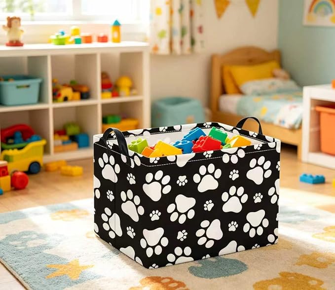 Rectangular Baby Kids Storage Basket for Home Kitchen Girls Cute Toy Storage Bin Organizer Shelf Book Room Decor(Black Paw)