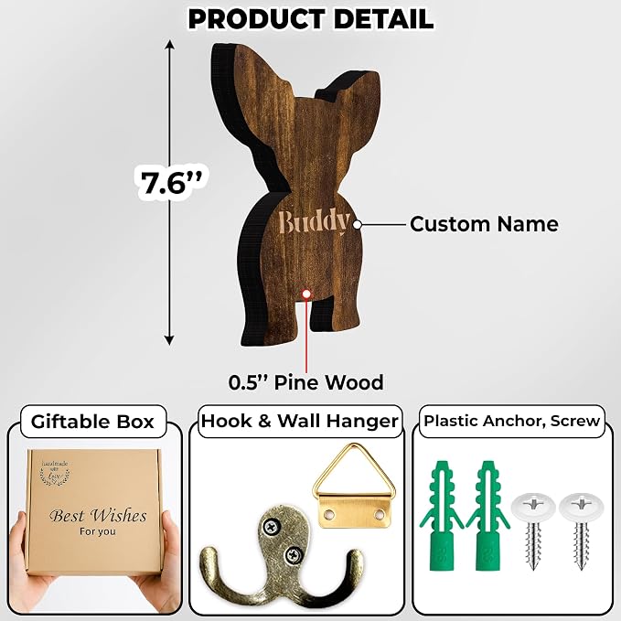 Personalized Dog Leash Holder, Custom Wooden Dog Wall Hook with Name, Wall Mounted Pet Harness Holder, Entryway Organizer for Leashes, Keys and Collars, Gift for Pet Lovers, Home Décor