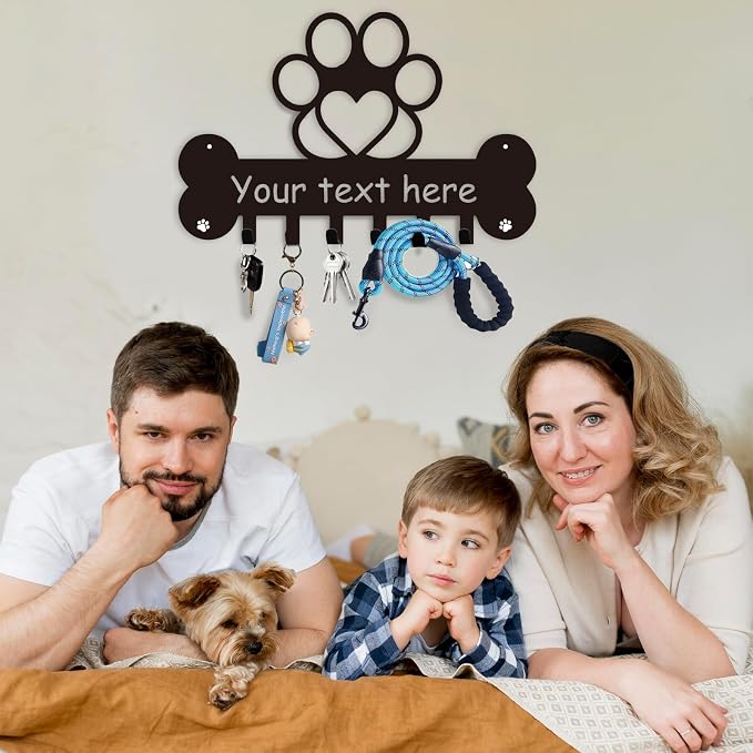 Personalized Wall Mount Dog Leash Holder, Organizer with Bone & Paw Design, Unique Metal Key Holder, Dog Decor Gift