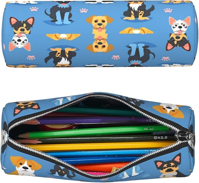 OSAM SPACE Leather Pencil Case Round Pencil Bag Cute Dogs Breeds Pen Organizer Holder Portable Zipper Pouch Cute School Supplies for Girls Boys Study Office