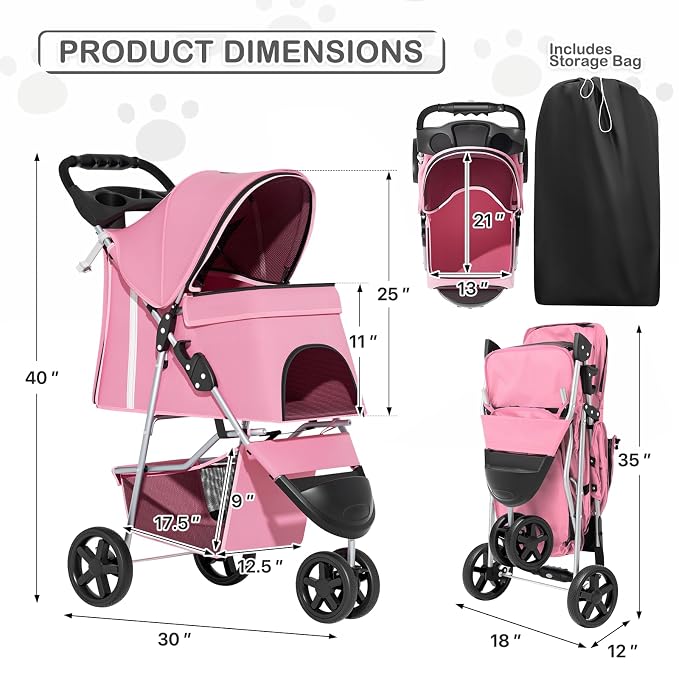 MoNiBloom Pet Stroller for Small/Medium Dogs and Cats up to 33 lbs, Pink | Foldable Dog Stroller 3 Wheels Pet Strolling Cart w/ Storage Basket Cup Holder, Breathable and Visible Mesh for All-Season