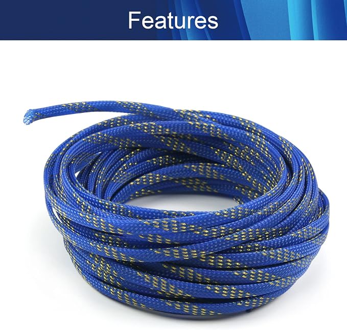 Jutagoss PET Expandable Braided Cable Sleeve, 32.8ft - 1/4 inch Blue Gold Cable Management Sleeve, Wire Loom Tube Cord Protector for USB Cable, Power Cord, Audio Video and More, 1Pc