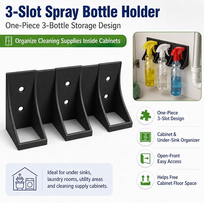 3-Slot Spray Bottle Holder Cabinet Organizer for Cleaning Supplies, black | One-Piece 3-Bottle Storage Design for Organizing Spray Bottles Inside Cabinets, Under Sinks, Laundry Rooms and Utility Areas