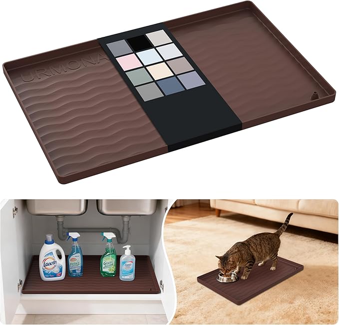 URMONA Waterproof Silicone Under Sink Mat 19'' x 12'' Shelf Liner for Kitchen and Bathroom, Cabinet and Counter Protector, Storage and Organizers, Litter Mat, Pet Cat Puppy Essentials(Brown)
