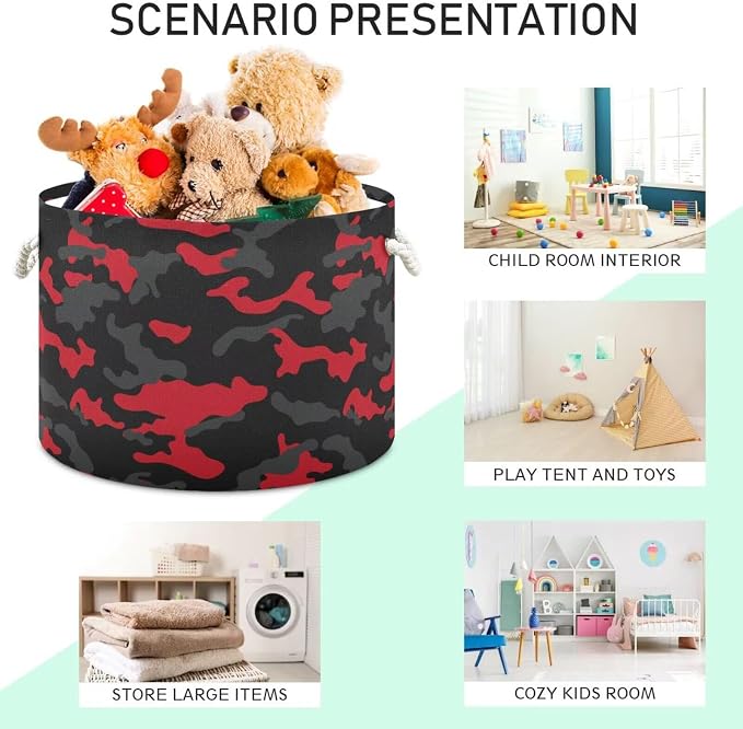 Red Black Camo Print Collapsible Round Storage Basket with Handles | Hunter Camouflage Large Laundry Baskets Hamper, Clothes Organizer Bin for Bedroom Living Room Decor, 20x 20x 14 Inches