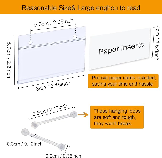 ChanQnTon Plastic Shelf Label Holders, 180pcs Label Holders with 360pcs Snap Lock Hanging Loops and 180pcs Matched Paper Inserts for Wire Basket,Price Tags,Shelf Tags for Wire Shelving 3.15x1.57inch | Wire Shelf Rack Label Holders with Paper Inserts