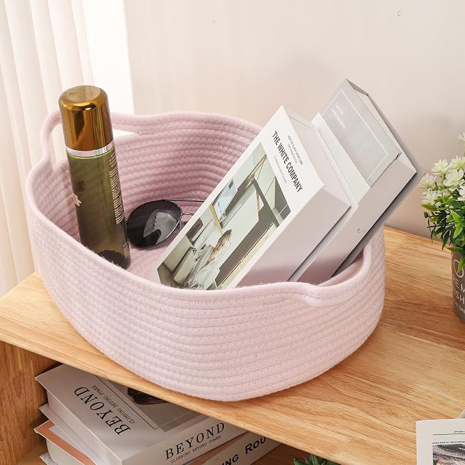 Small Woven Cotton Rope Basket Cute Baby Gift Baskets Empty Decorative Storage for Organizing Shelves Closet Baby Nursery Basket Bin Toy Storage Basket Organizer 13.7"x10.2"x5" Pink Easter