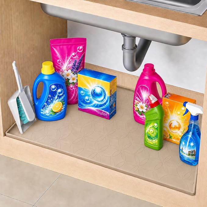 34"x22" Silicone Shelf Liner & Waterproof Under Sink Mat(Beige) | Durable Under Sink Organizer Tray with Raised Edge, Protects Bottom Cabinets & Shelves from Leaks & Cleaning Supplies