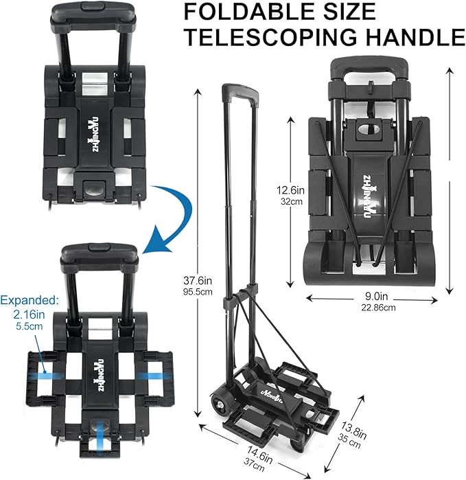 Folding Hand Truck Dolly Cart, Folding Cart Small Dolly with Wheels, | Lightweight Utility Dolly Expandable Baseplate Small Backpack Portable Luggage Cart for Airport Travel