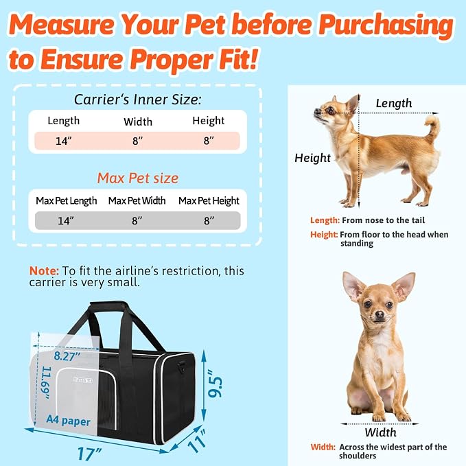 Small Pet Carrier 17"x11"x9.5" with Wheels Airline Approved, Black | for Alaska Airlines, Lockable Safety Zippers and Anti-Scratch Mesh, Pets Under 10 lbs