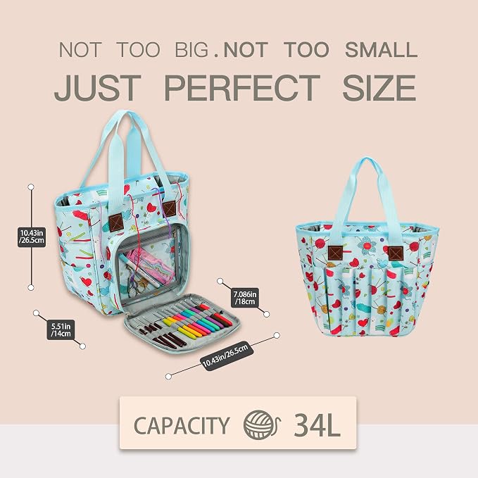 Yarn Knitting Storage Tote-Large Capacity Crochet Organizer Portable Travel Bag with Shoulder Strap Crochet Hooks Case for Unfinished Bulk Project